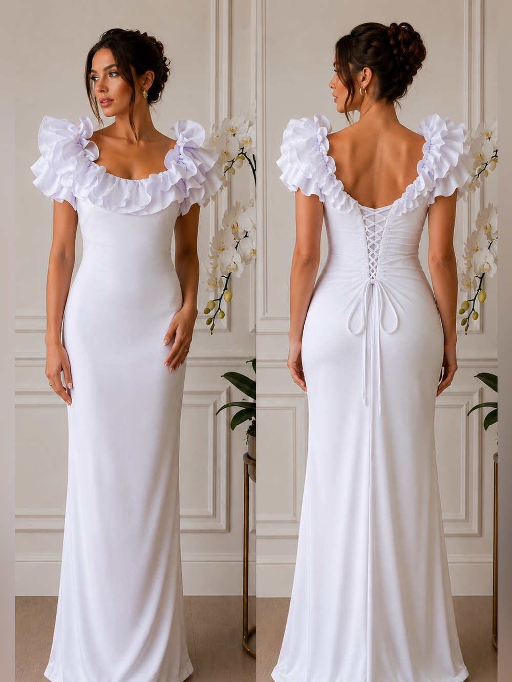 Elegant White Ruffle-Trim Maxi Dress
